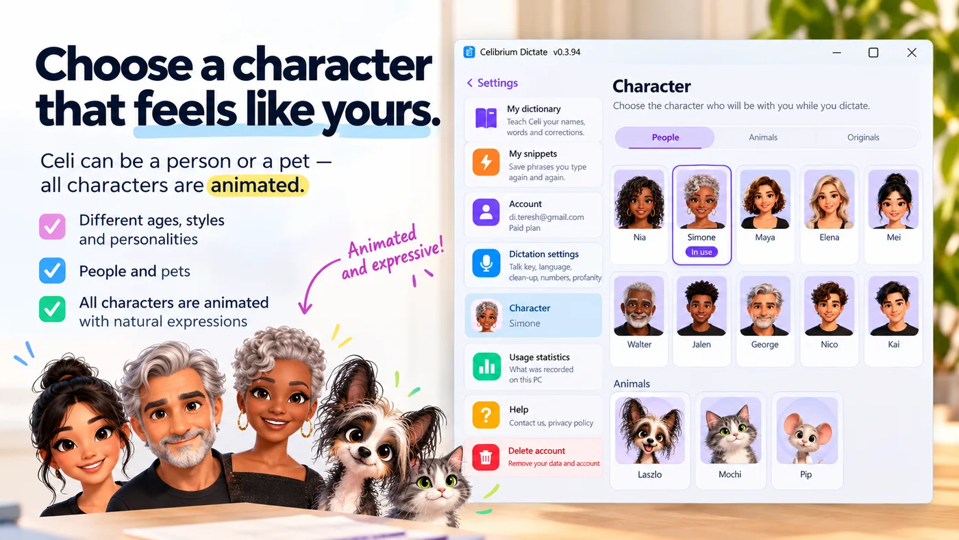 Animated Celibrium Dictate character selection