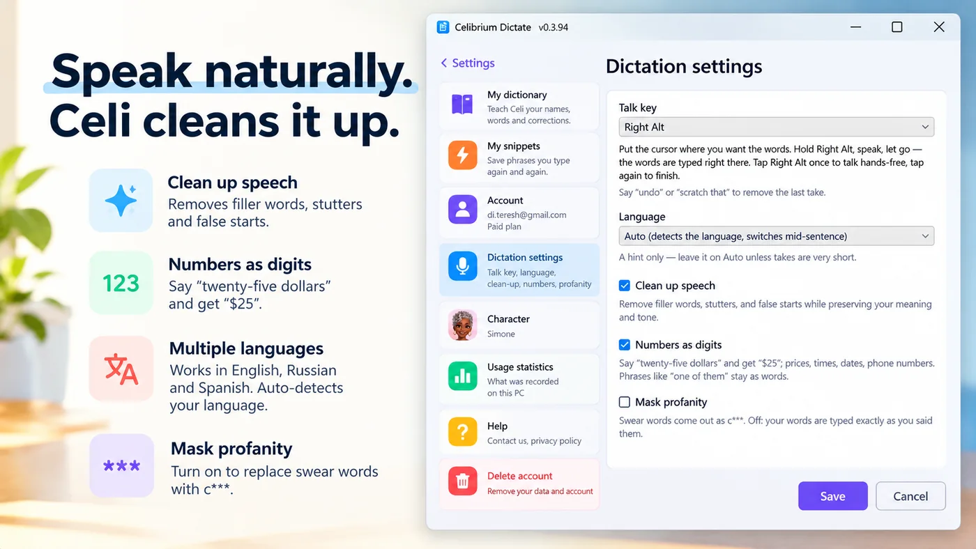 Celibrium Dictate speech cleanup settings