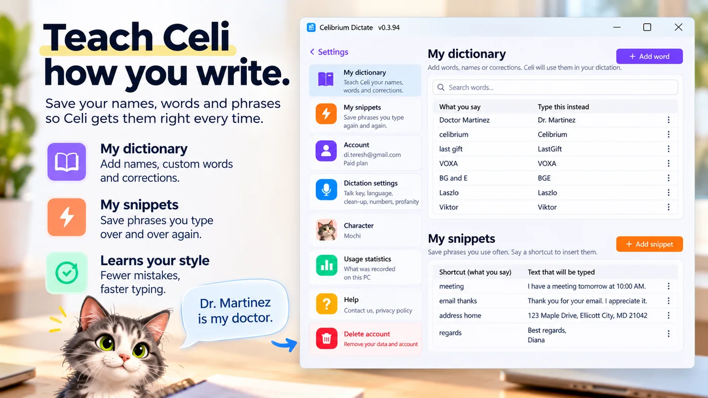 Celibrium Dictate custom dictionary and snippets
