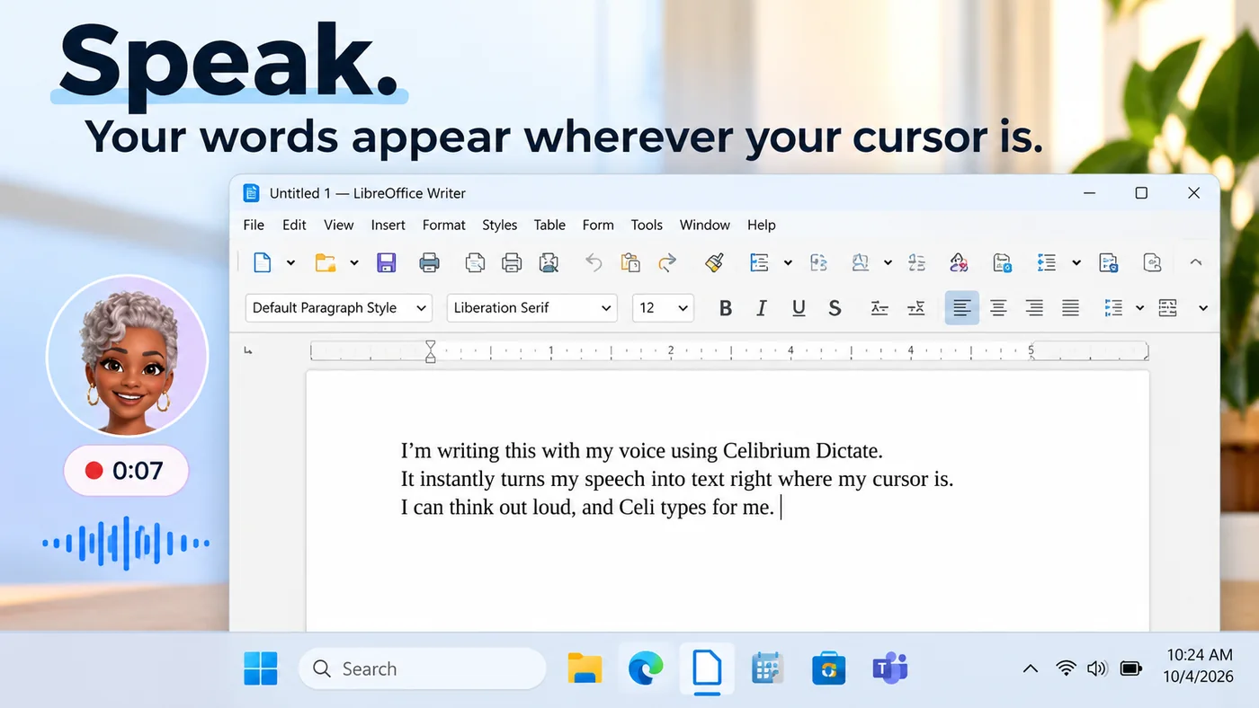 Celibrium Dictate typing spoken words into a Windows document
